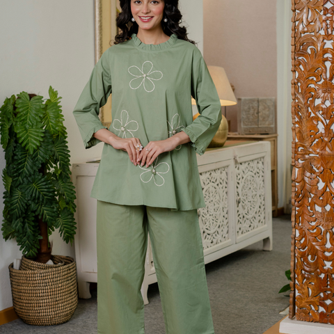 Women Olive Green Embroidered Thread Work Pure Cotton coord set