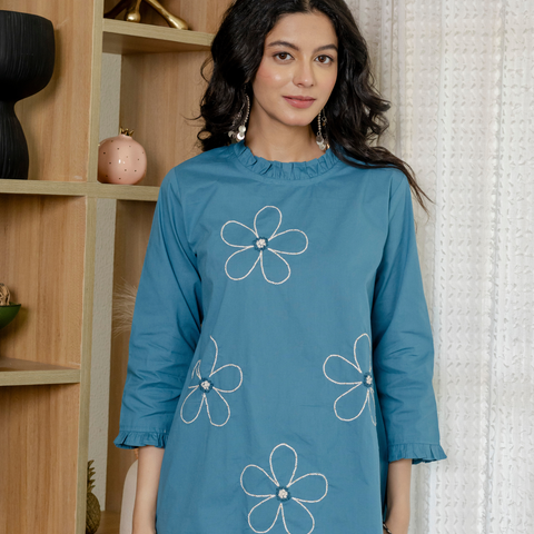 Women Blue Embroidered Thread Work Pure Cotton coord set