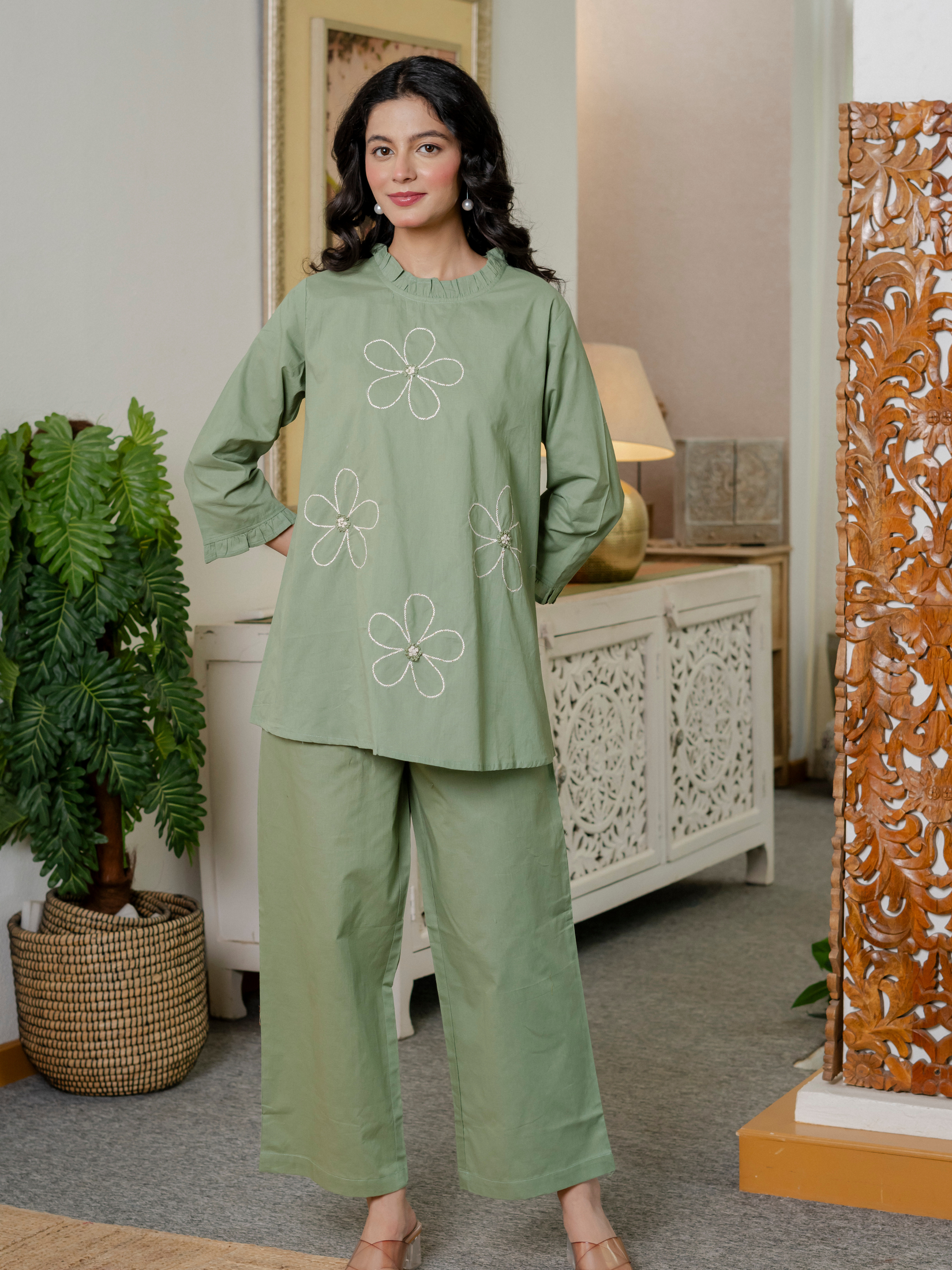 Women Olive Green Embroidered Thread Work Pure Cotton coord set