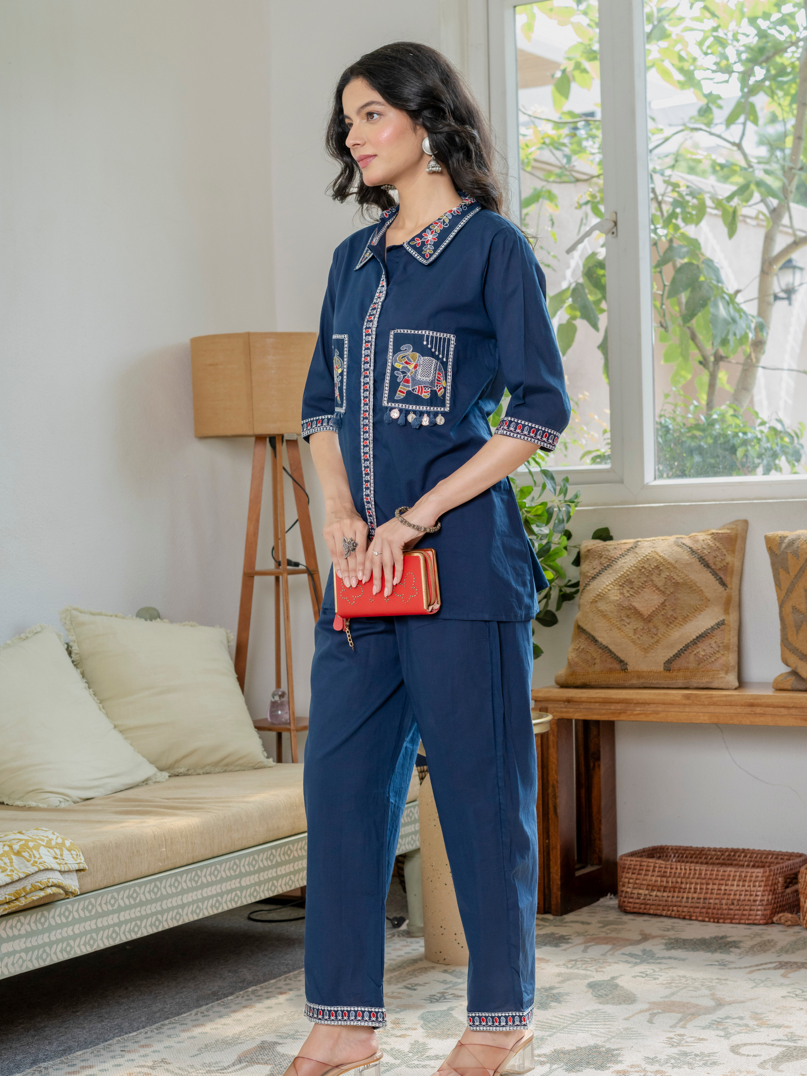 Women Royal Blue Embroidered Thread Work Pure Cotton coord set