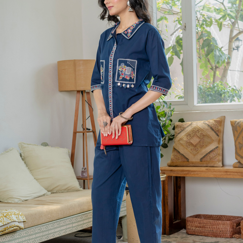 Women Royal Blue Embroidered Thread Work Pure Cotton coord set