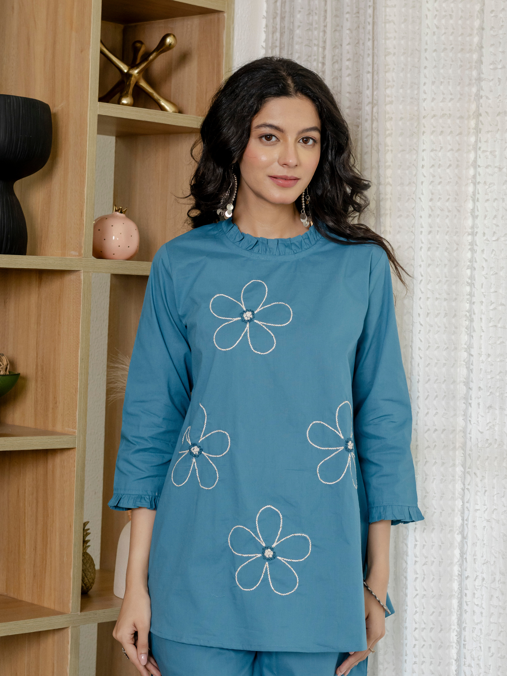 Women Blue Embroidered Thread Work Pure Cotton coord set