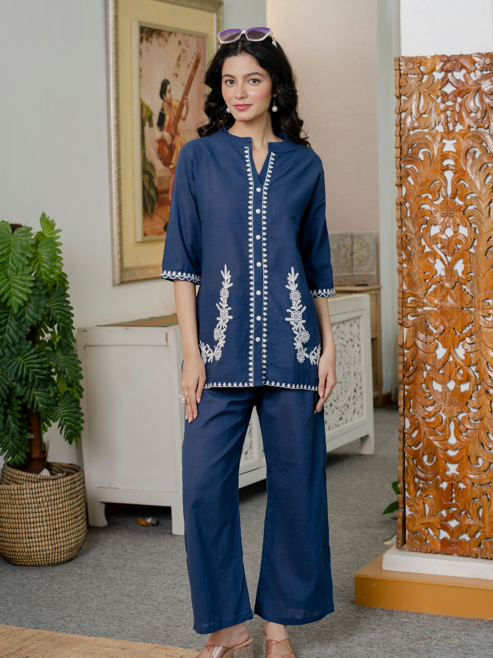 Women Royal Blue Embroidered Thread Work Pure Cotton coord set