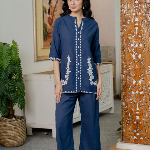 Women Royal Blue Embroidered Thread Work Pure Cotton coord set