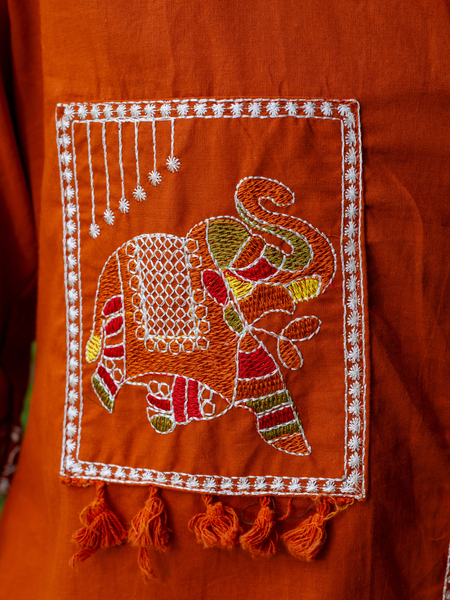 Women Rust Embroidered Thread Work Pure Cotton coord set