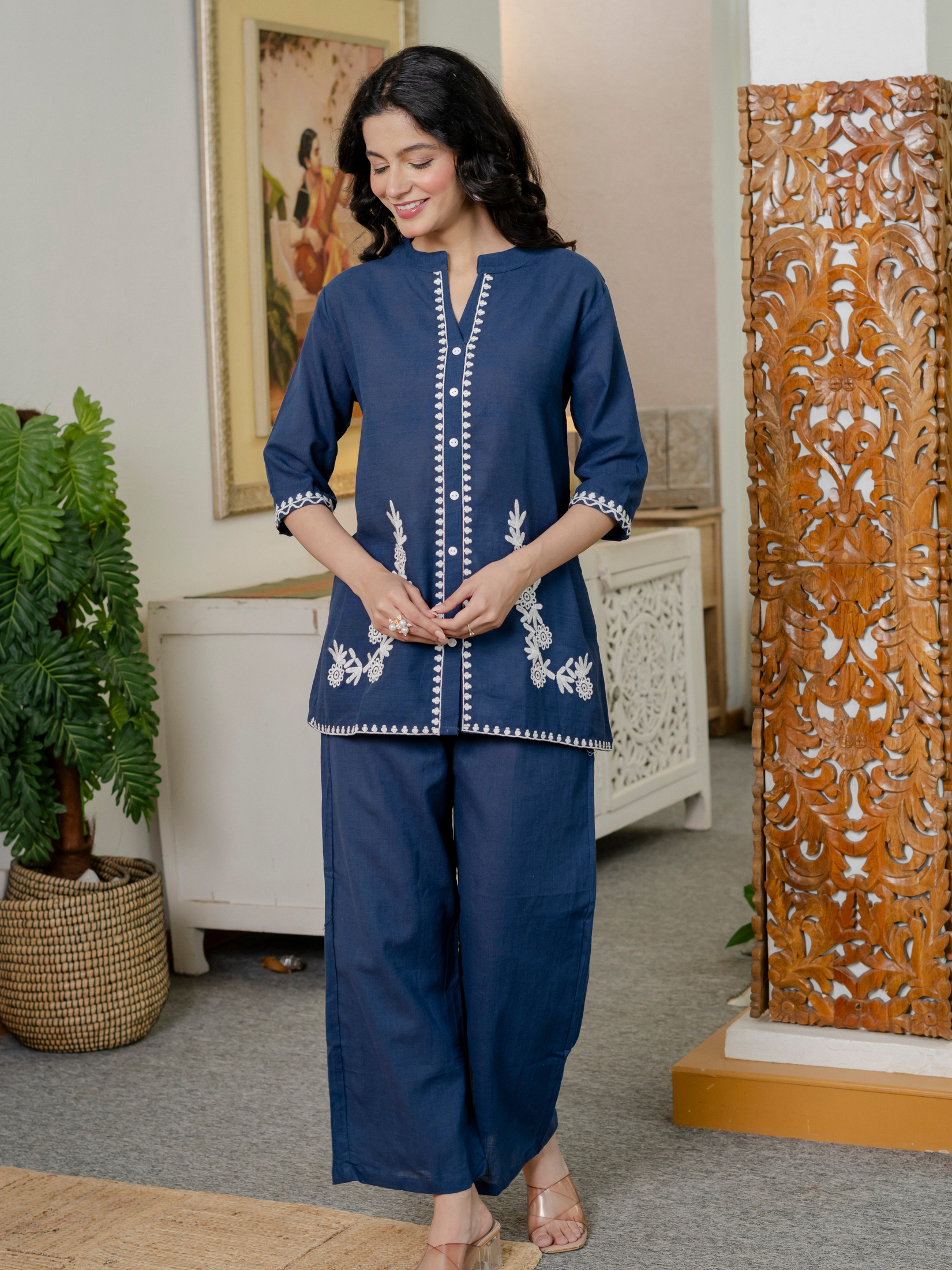 Women Royal Blue Embroidered Thread Work Pure Cotton coord set