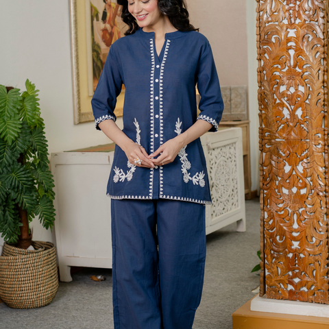 Women Royal Blue Embroidered Thread Work Pure Cotton coord set