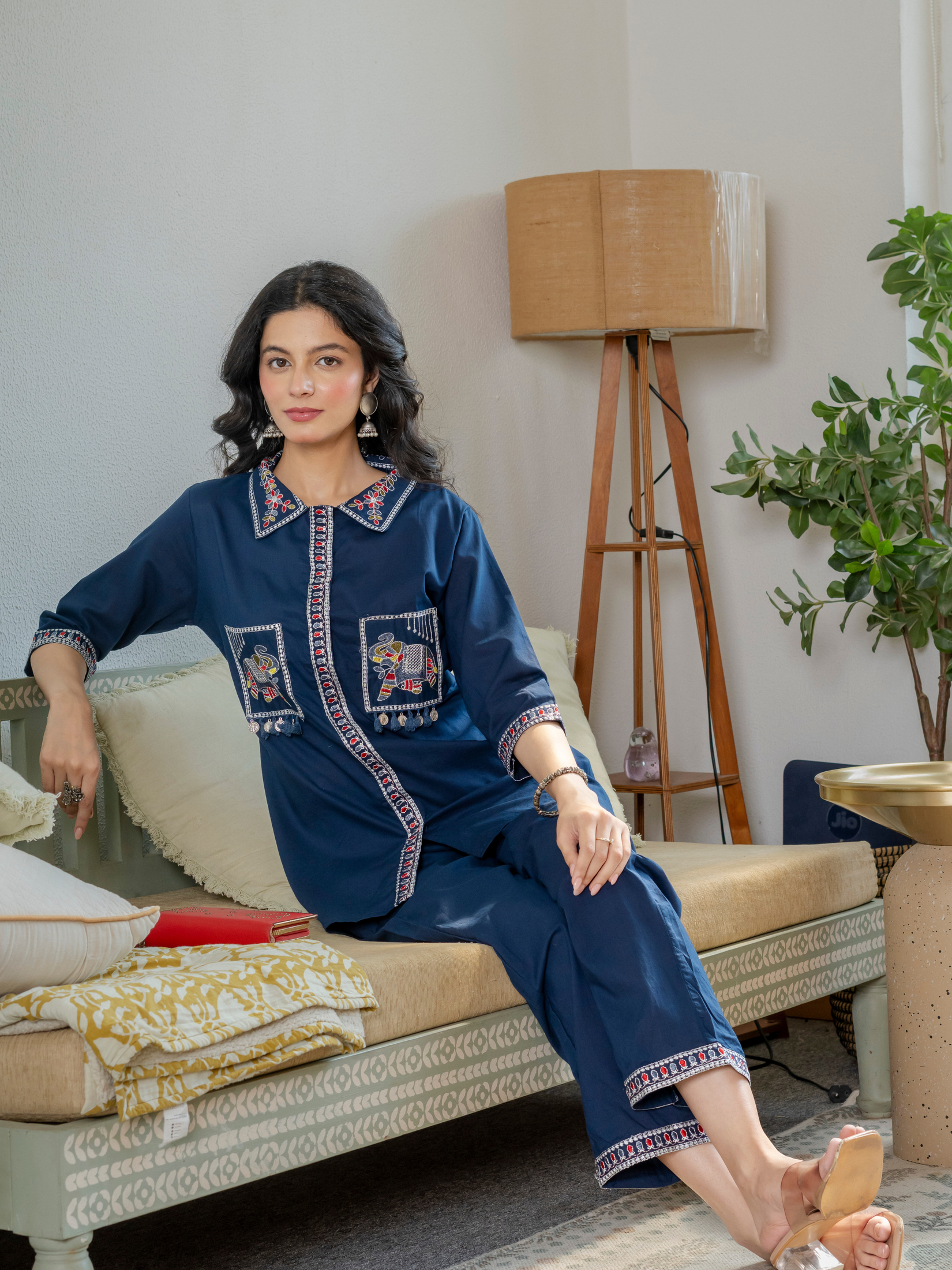 Women Royal Blue Embroidered Thread Work Pure Cotton coord set