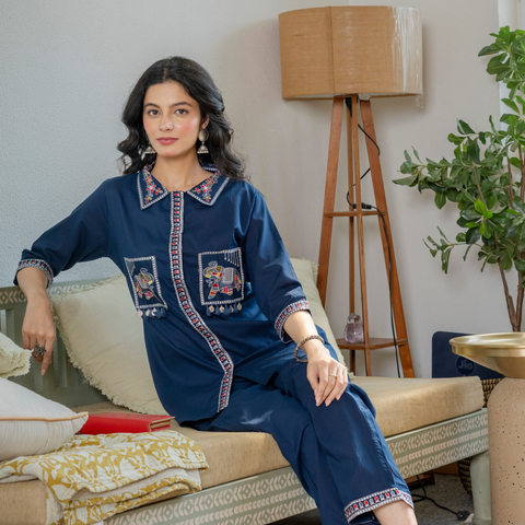 Women Royal Blue Embroidered Thread Work Pure Cotton coord set