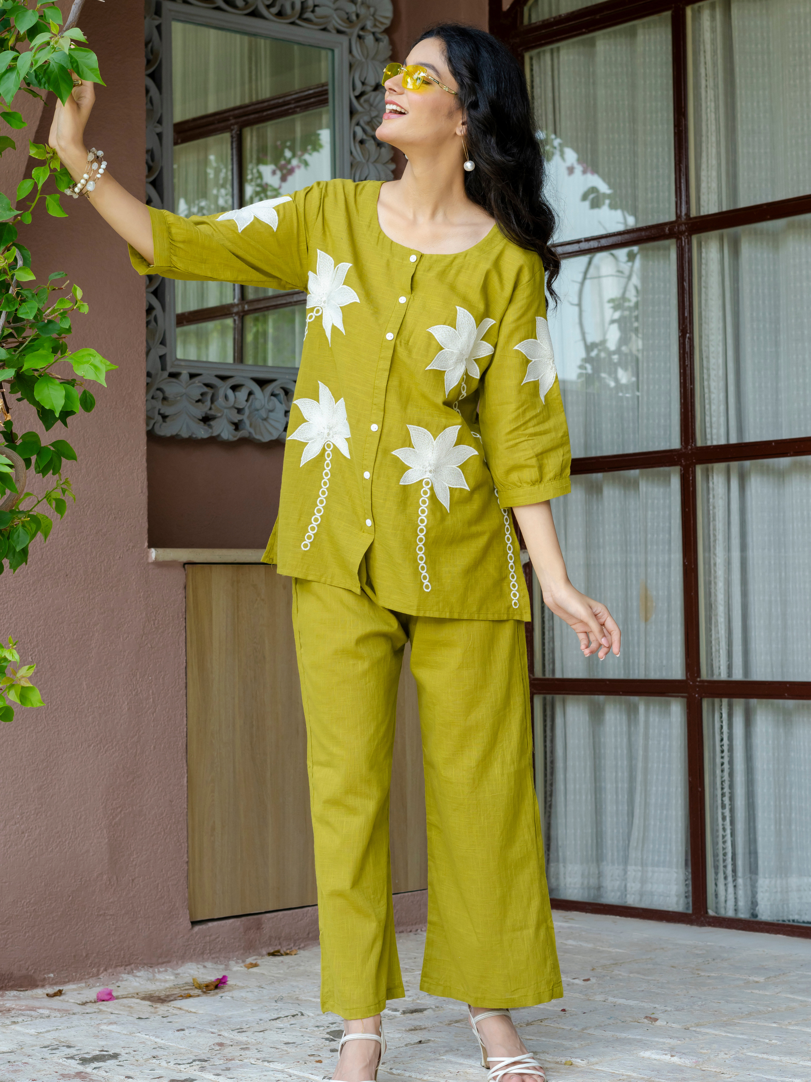 Women Lime Green Embroidered Thread Work Pure Cotton coord set