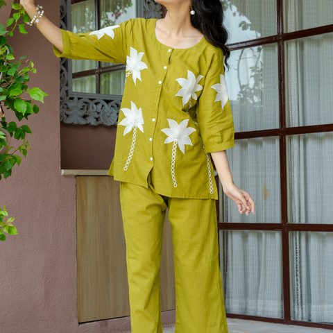 Women Lime Green Embroidered Thread Work Pure Cotton coord set