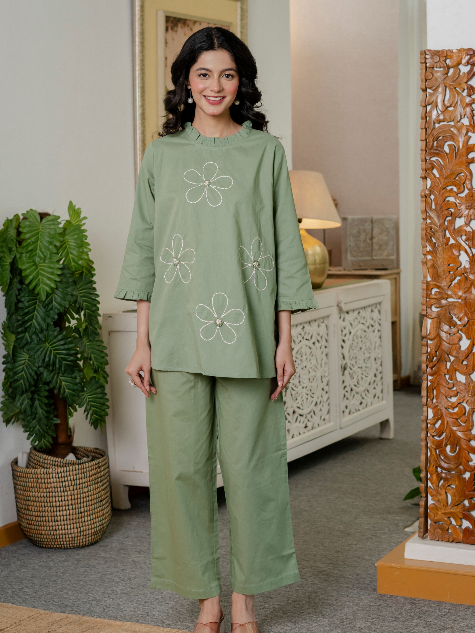 Women Olive Green Embroidered Thread Work Pure Cotton coord set
