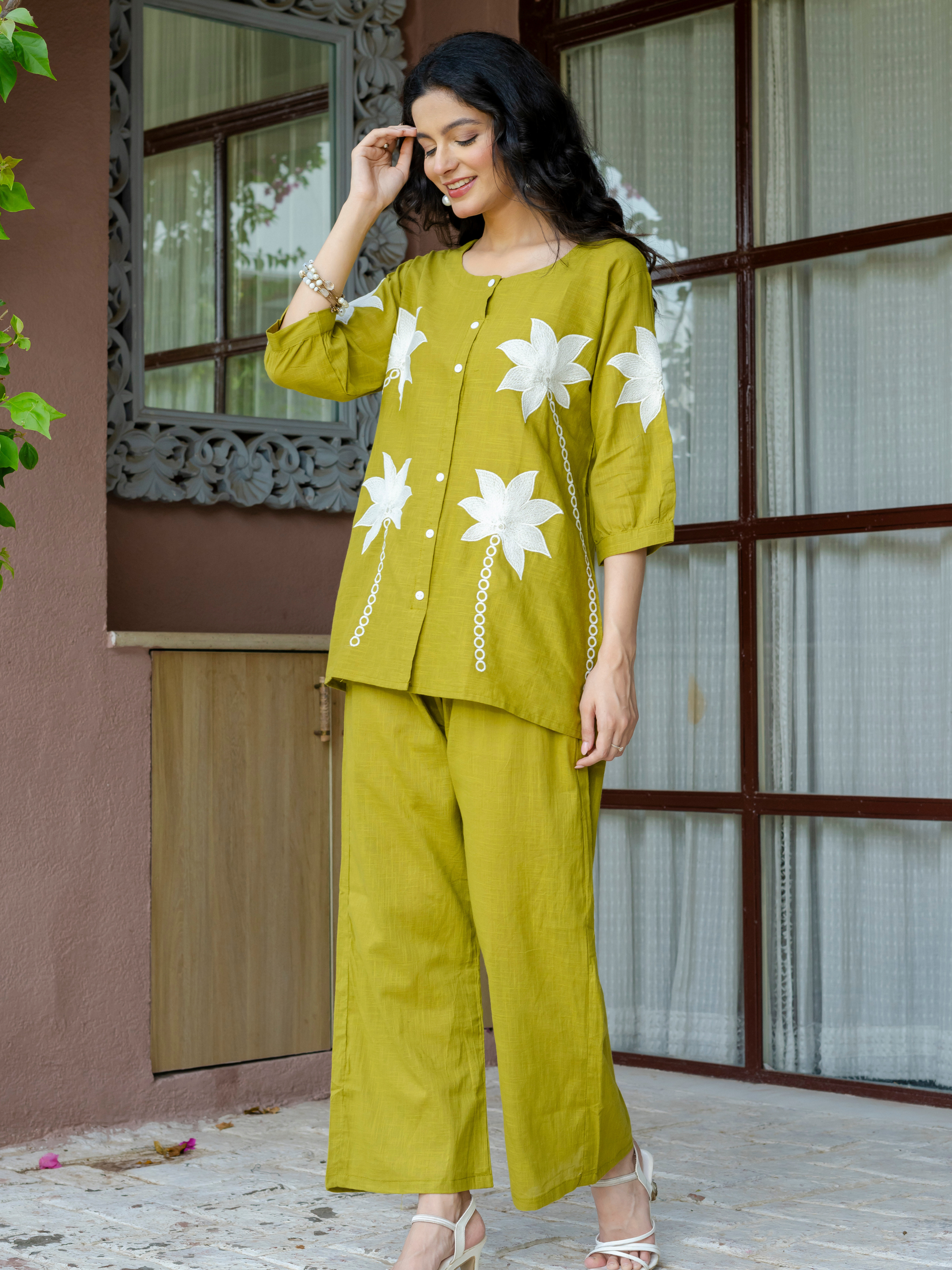 Women Lime Green Embroidered Thread Work Pure Cotton coord set