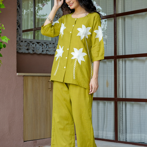 Women Lime Green Embroidered Thread Work Pure Cotton coord set