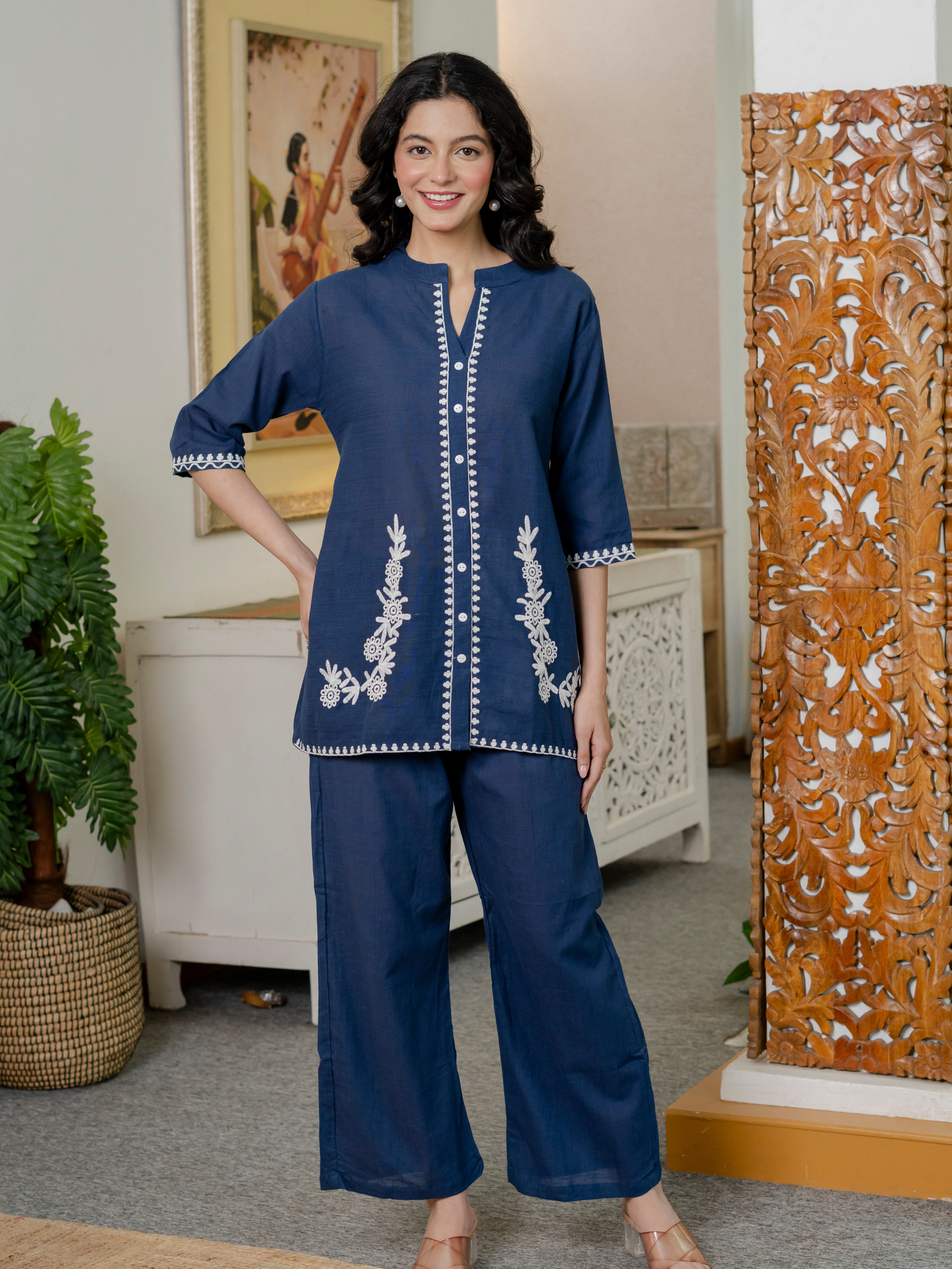 Women Royal Blue Embroidered Thread Work Pure Cotton coord set