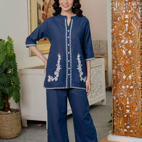 Women Royal Blue Embroidered Thread Work Pure Cotton coord set