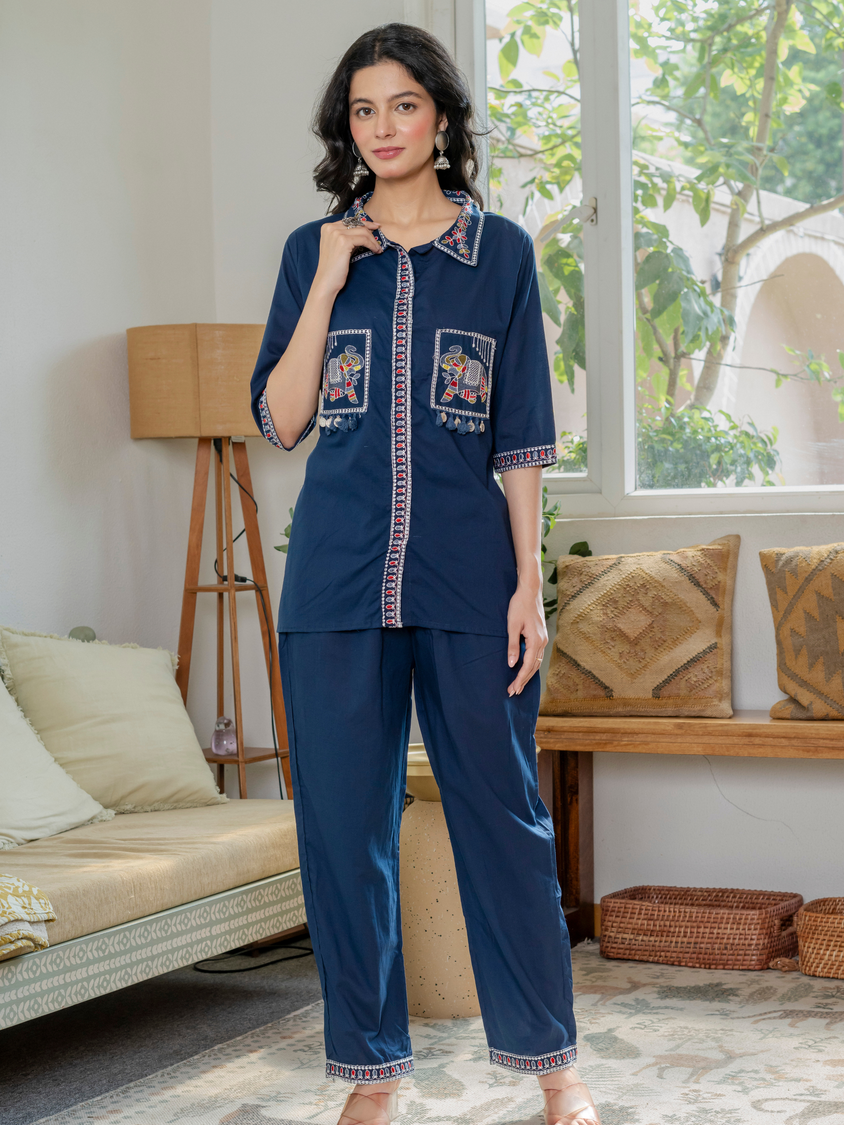 Women Royal Blue Embroidered Thread Work Pure Cotton coord set