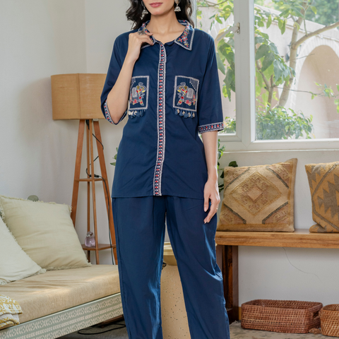 Women Royal Blue Embroidered Thread Work Pure Cotton coord set