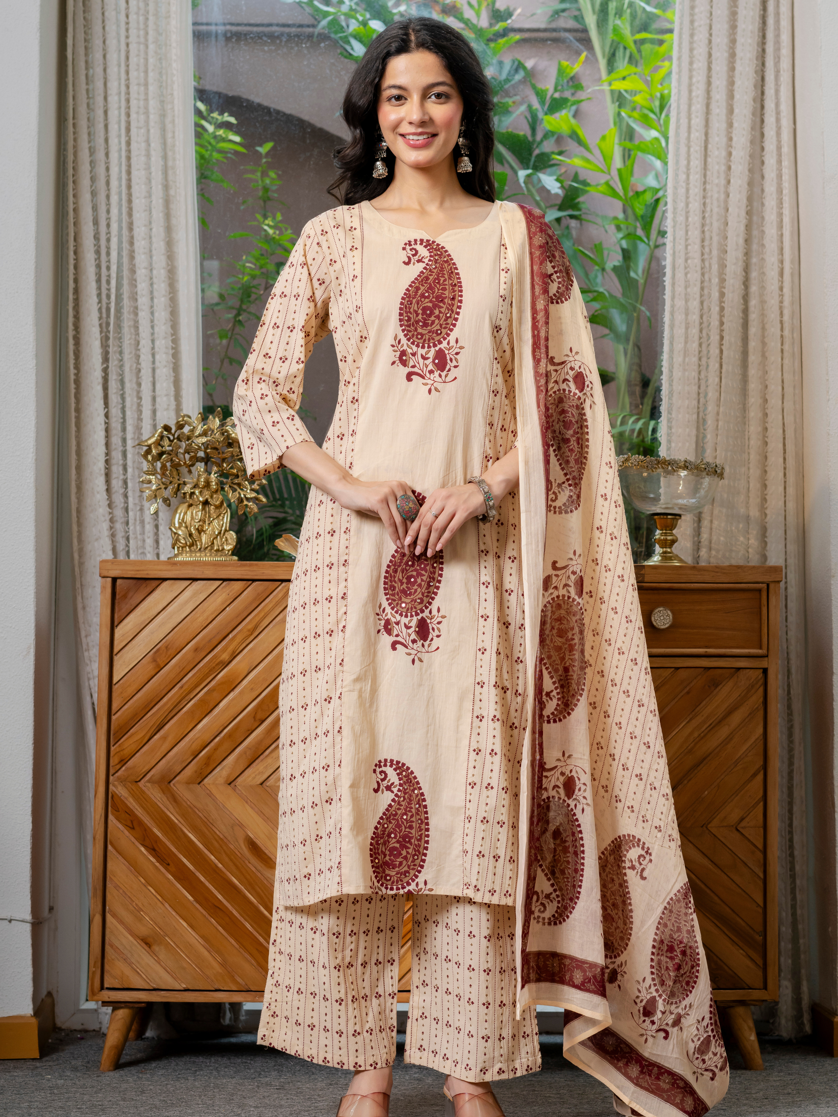 Women  maroon motifs  Printed    Pure Cotton embroidered Kurta dupatta set