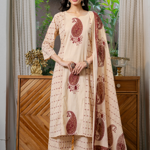 Women  maroon motifs  Printed    Pure Cotton embroidered Kurta dupatta set