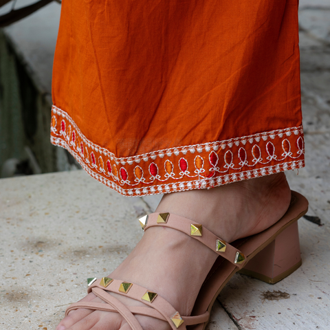 Women Rust Embroidered Thread Work Pure Cotton coord set