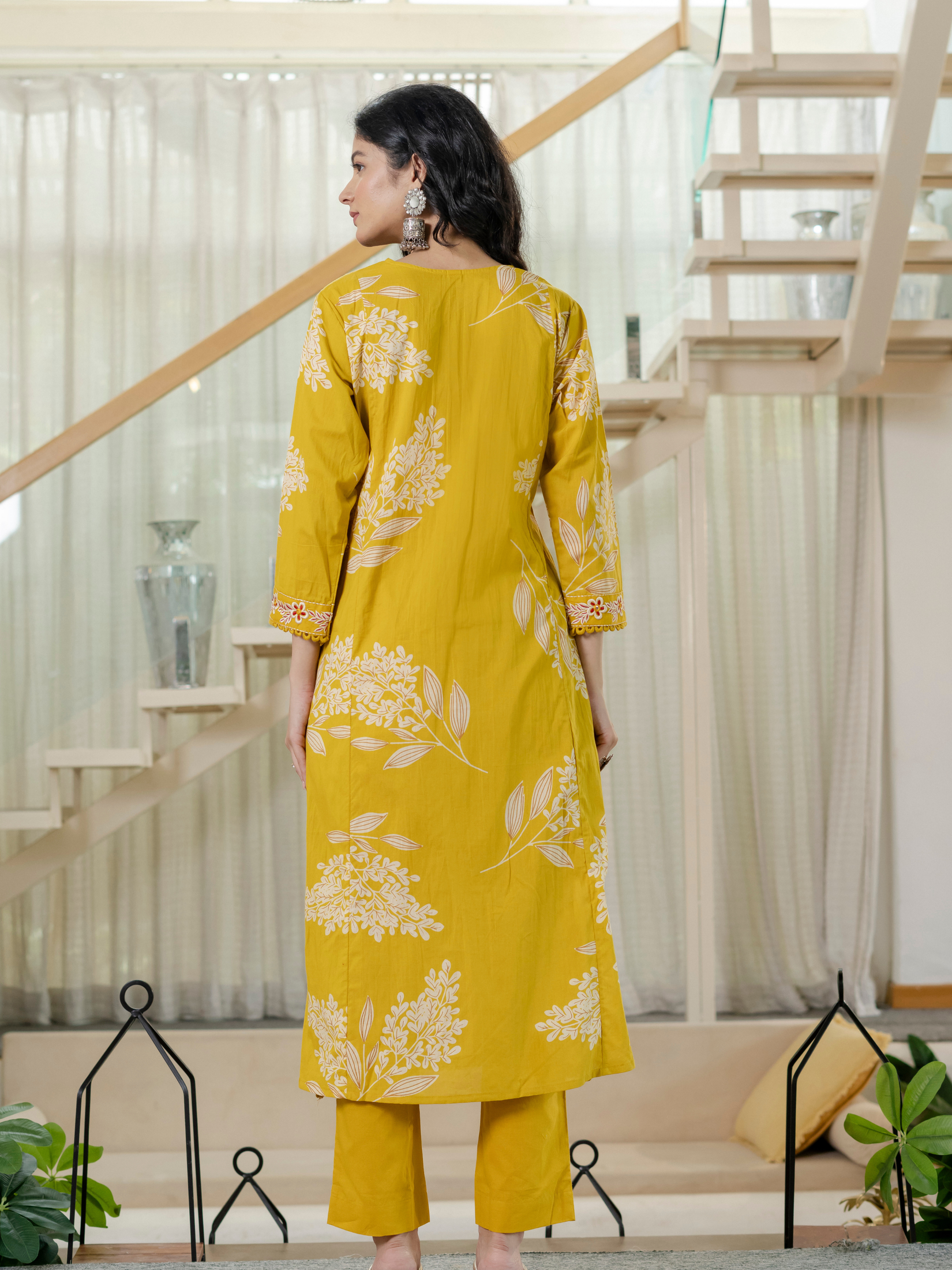 Women  mustard Floral Printed V-Neck  Pure Cotton embroidered Kurta dupatta set