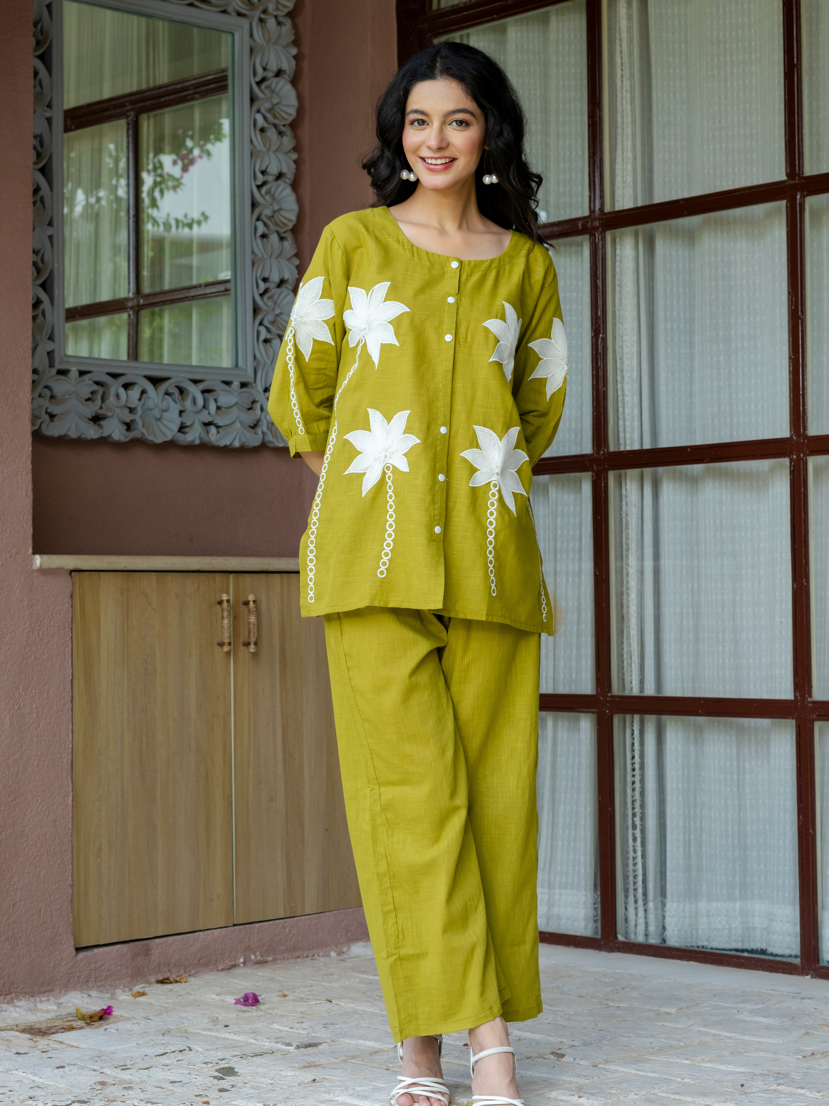 Women Lime Green Embroidered Thread Work Pure Cotton coord set