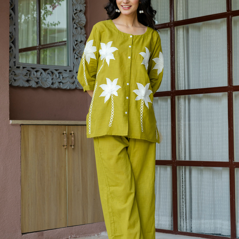 Women Lime Green Embroidered Thread Work Pure Cotton coord set
