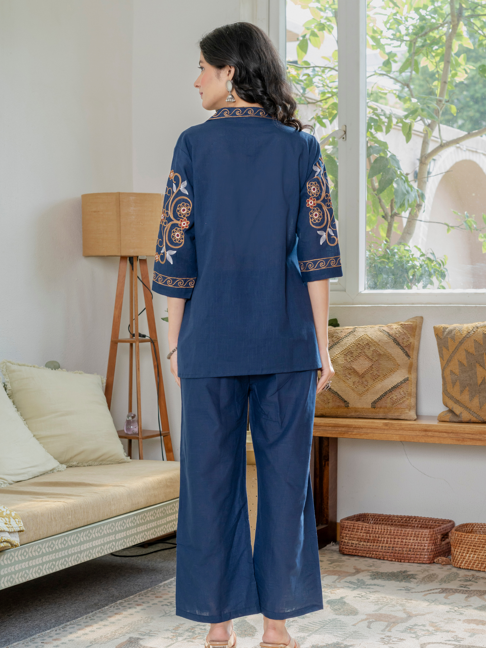 Women Royal Blue Embroidered Thread Work Pure Cotton coord set