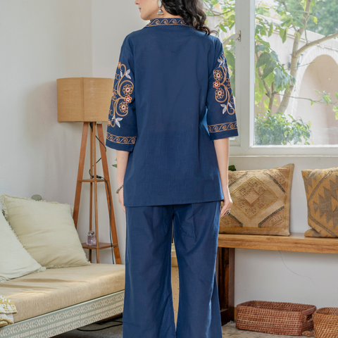 Women Royal Blue Embroidered Thread Work Pure Cotton coord set