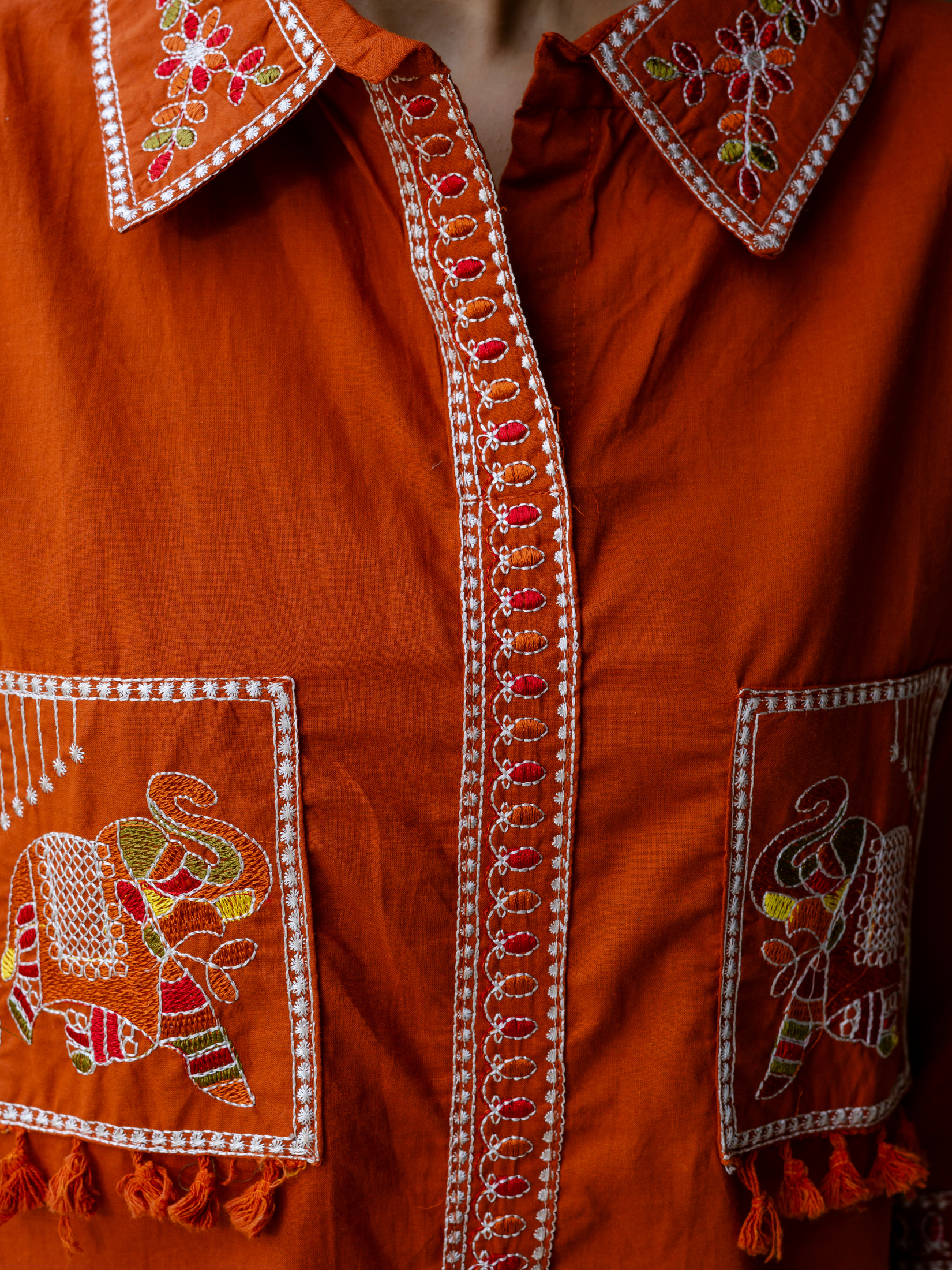 Women Rust Embroidered Thread Work Pure Cotton coord set