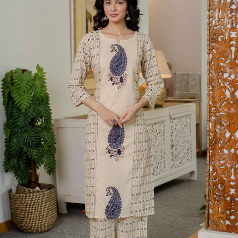 Women blue motifs Printed Pure Cotton embroidered Kurta dupatta set