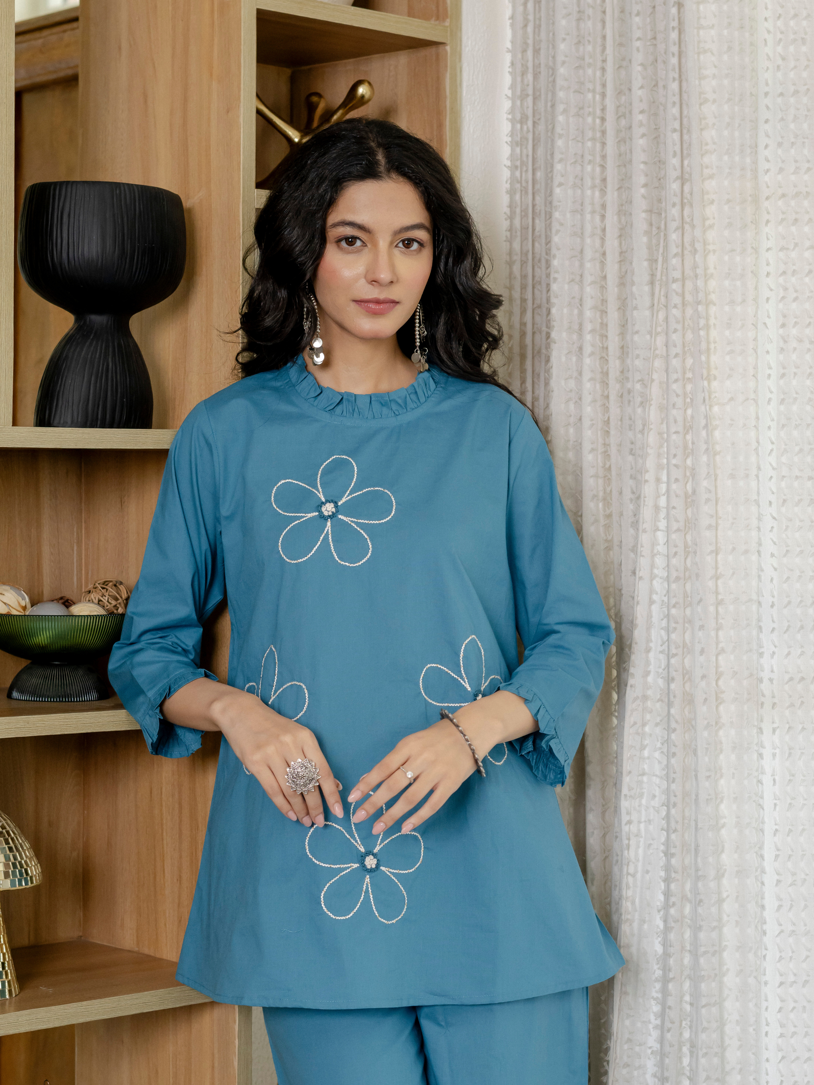 Women Blue Embroidered Thread Work Pure Cotton coord set