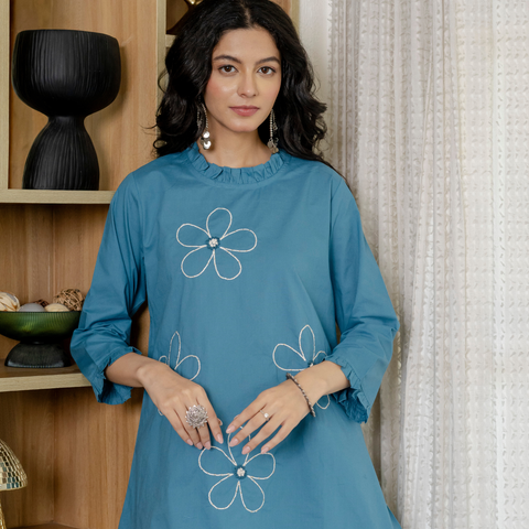 Women Blue Embroidered Thread Work Pure Cotton coord set