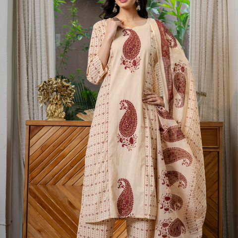 Women  maroon motifs  Printed    Pure Cotton embroidered Kurta dupatta set