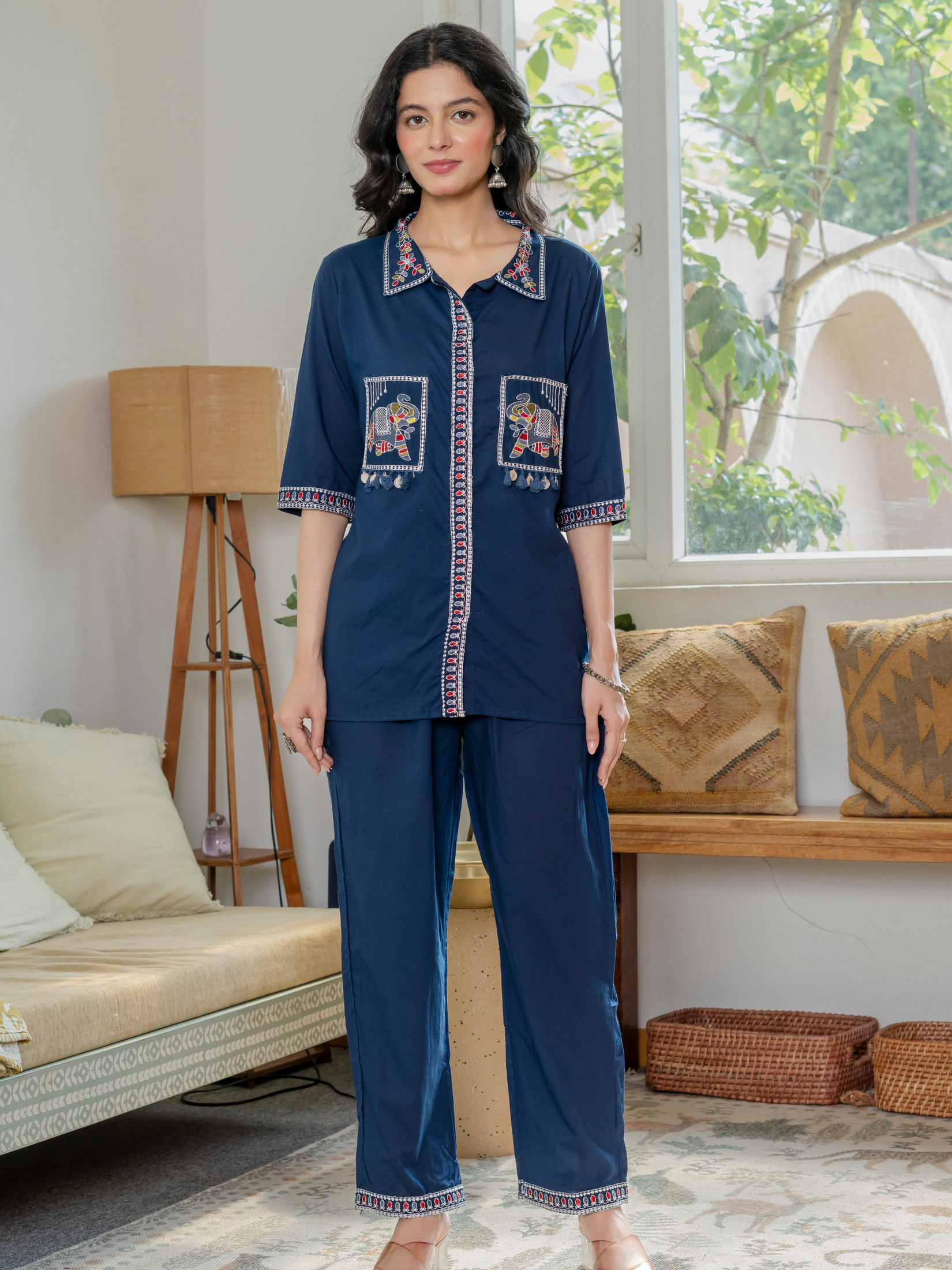Women Royal Blue Embroidered Thread Work Pure Cotton coord set