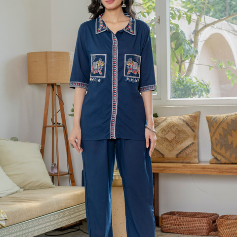 Women Royal Blue Embroidered Thread Work Pure Cotton coord set