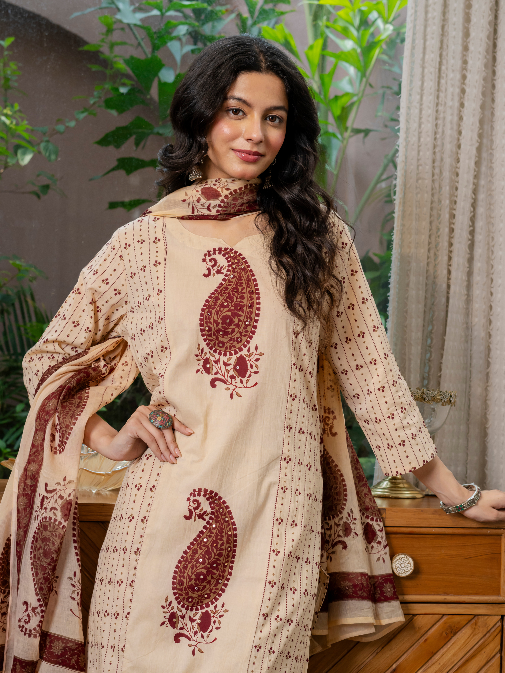 Women  maroon motifs  Printed    Pure Cotton embroidered Kurta dupatta set