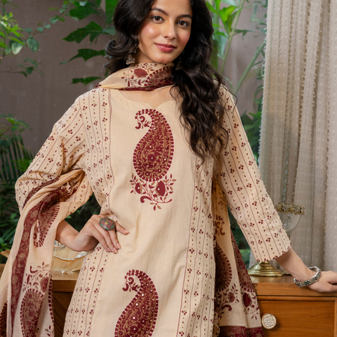 Women  maroon motifs  Printed    Pure Cotton embroidered Kurta dupatta set