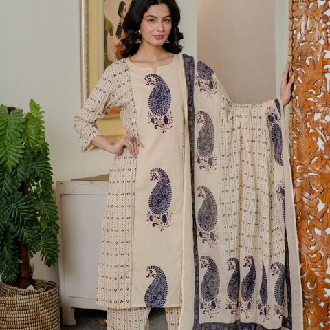 Women blue motifs Printed Pure Cotton embroidered Kurta dupatta set
