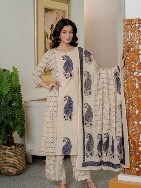 Women blue motifs Printed Pure Cotton embroidered Kurta dupatta set