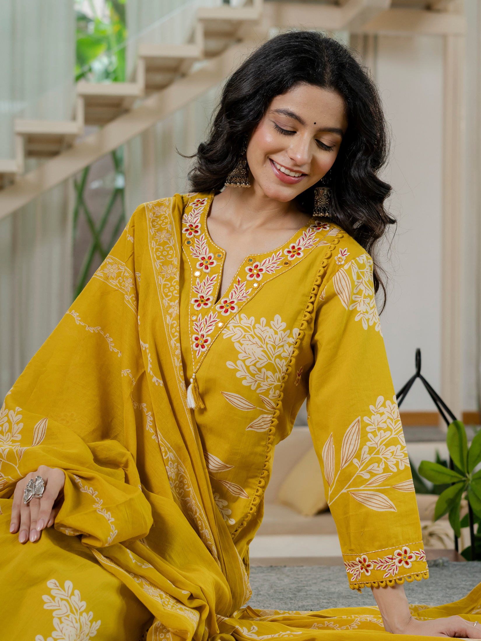 Women  mustard Floral Printed V-Neck  Pure Cotton embroidered Kurta dupatta set