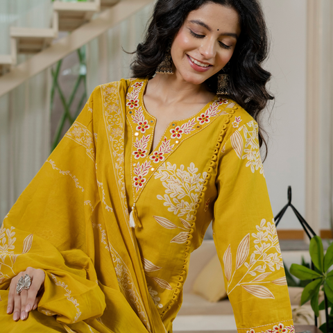 Women  mustard Floral Printed V-Neck  Pure Cotton embroidered Kurta dupatta set