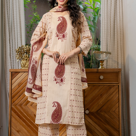 Women  maroon motifs  Printed    Pure Cotton embroidered Kurta dupatta set