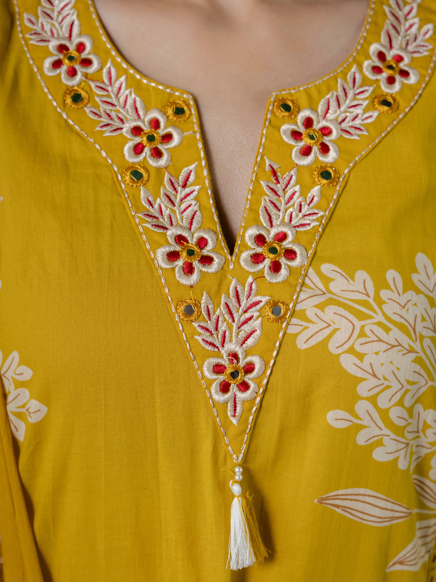 Women  mustard Floral Printed V-Neck  Pure Cotton embroidered Kurta dupatta set