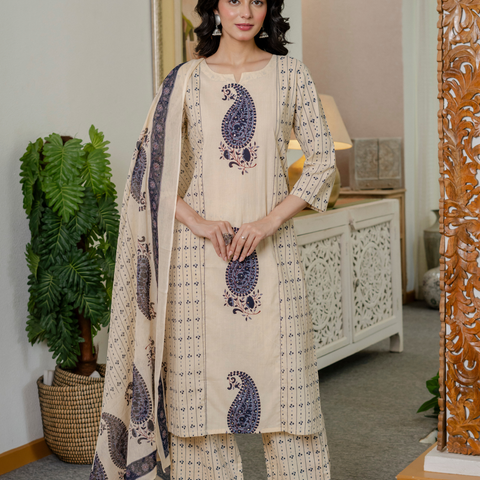 Women blue motifs Printed Pure Cotton embroidered Kurta dupatta set