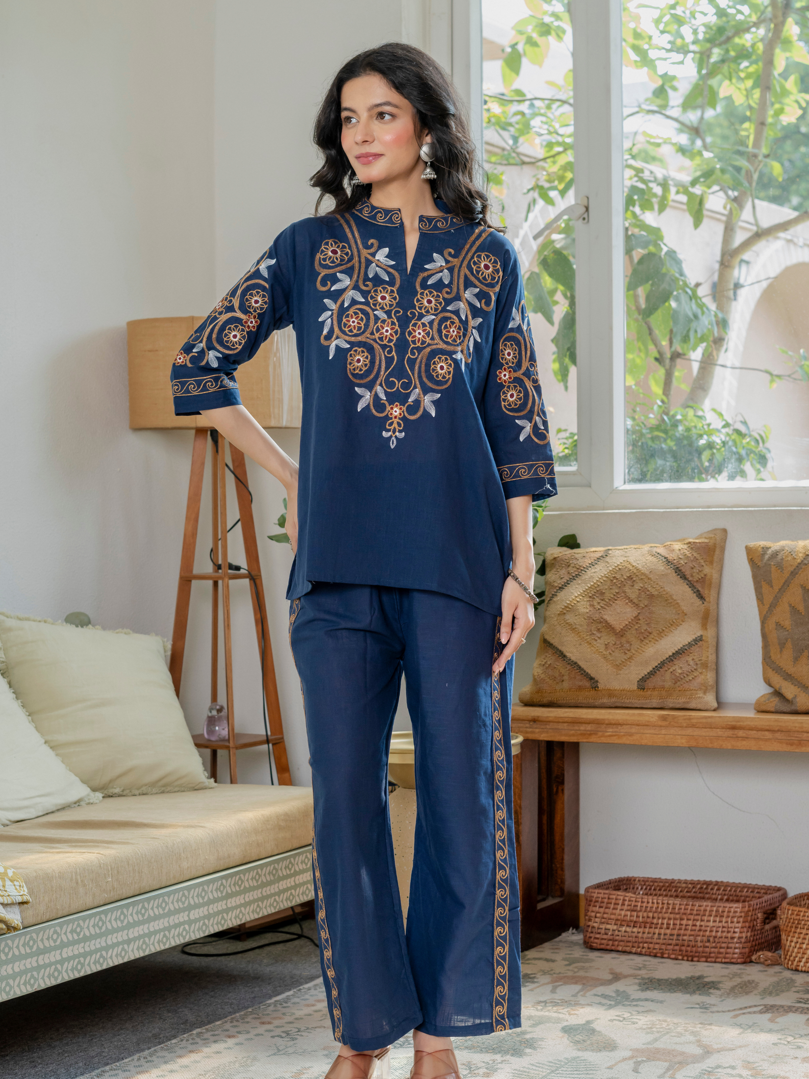 Women Royal Blue Embroidered Thread Work Pure Cotton coord set