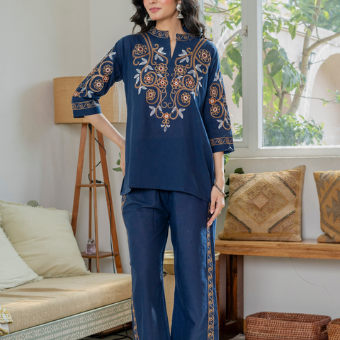 Women Royal Blue Embroidered Thread Work Pure Cotton coord set