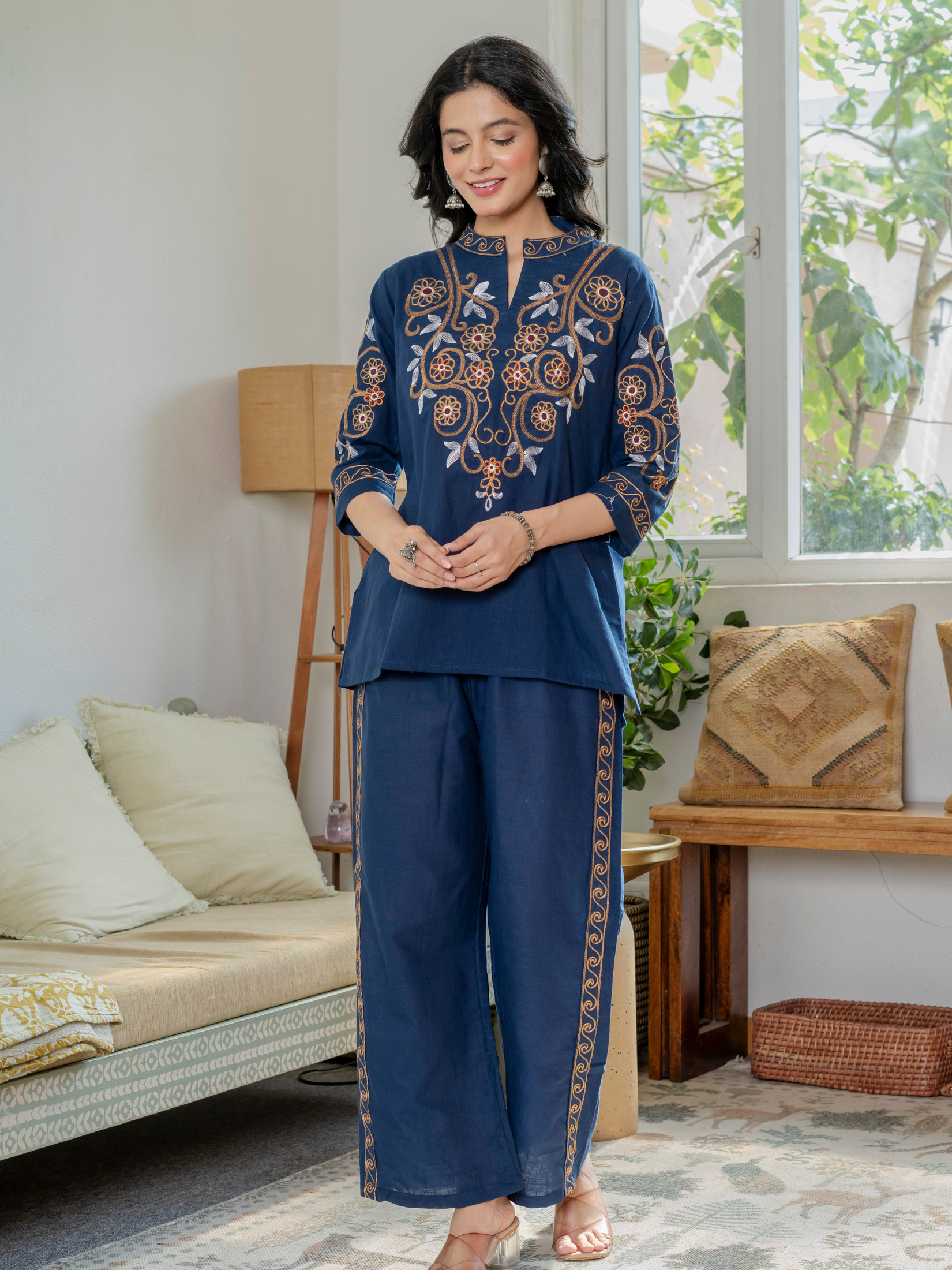 Women Royal Blue Embroidered Thread Work Pure Cotton coord set