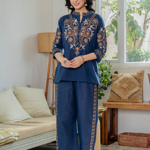 Women Royal Blue Embroidered Thread Work Pure Cotton coord set